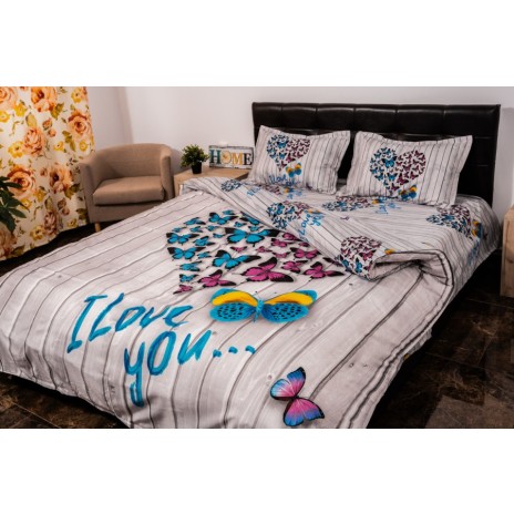 Lenjerie de pat 3D cu inimă din fluturi colorați și text I Love You, set 4 piese, lenjerii de pat 1+1 gratis
