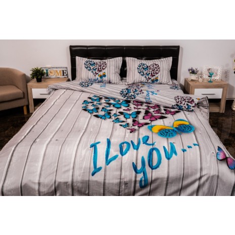 Lenjerie de pat 3D cu inimă din fluturi colorați și text I Love You, set 4 piese, lenjerii de pat 1+1 gratis