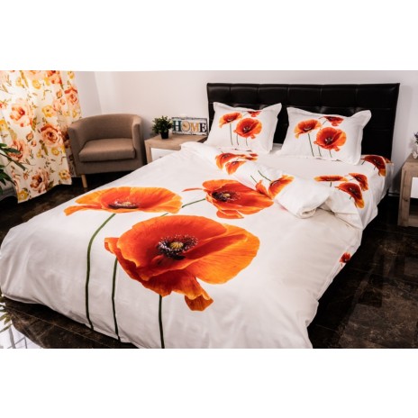 Lenjerie de pat 1+1 gratis maci roșii, fundal alb, set 4 piese din bumbac satinat
