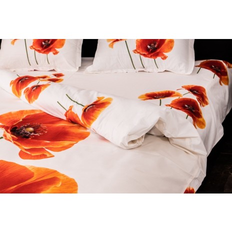 Lenjerie de pat 1+1 gratis maci roșii, fundal alb, set 4 piese din bumbac satinat