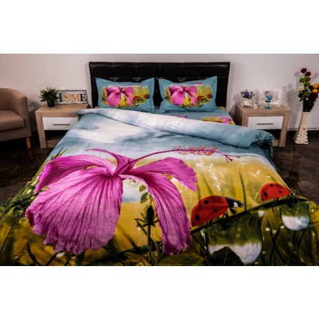 Lenjerii de pat 1+1 gratis cu imprimeu 3D floare roz și buburuze, set de 4 piese