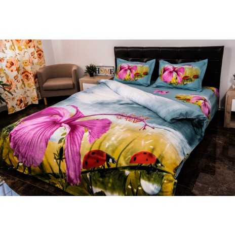 Lenjerii de pat 1+1 gratis cu imprimeu 3D floare roz și buburuze, set de 4 piese