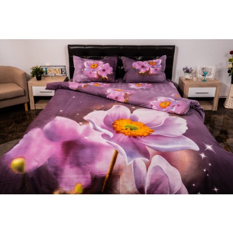 Lenjerie de pat dublu cu imprimeu 3D de flori mov delicate pe fundal degrade. Lenjerii de pat 1+1 gratis.