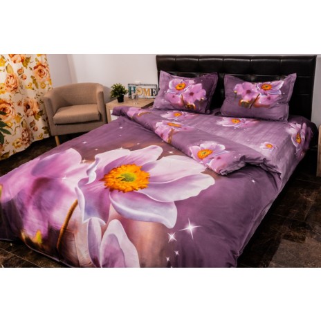 Lenjerie de pat dublu cu imprimeu 3D de flori mov delicate pe fundal degrade. Lenjerii de pat 1+1 gratis.