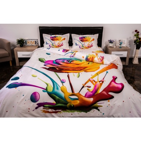 Lenjerii de pat 1+1 gratis cu imprimeu 3D trandafir curcubeu și stropi de culoare, set de 4 piese