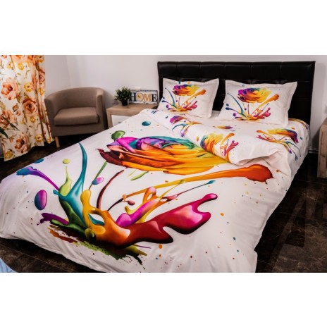 Lenjerii de pat 1+1 gratis cu imprimeu 3D trandafir curcubeu și stropi de culoare, set de 4 piese