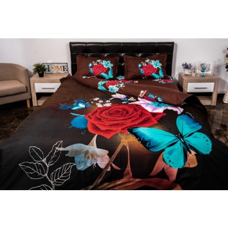 Lenjerii de pat 1+1 gratis cu imprimeu 3D trandafir roșu, crin alb și fluturi albaștri, set de 4 piese
