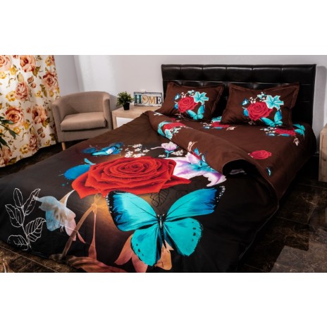 Lenjerii de pat 1+1 gratis cu imprimeu 3D trandafir roșu, crin alb și fluturi albaștri, set de 4 piese