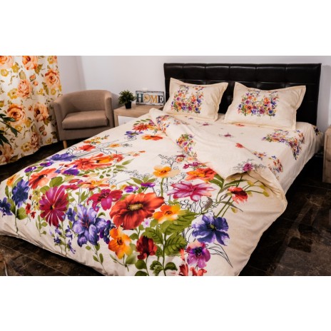Lenjerie de pat dublu cu imprimeu 3D de flori de primăvară în culori intense pe fundal alb. Lenjerii de pat 1+1 gratis.