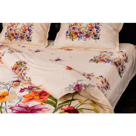 Lenjerie de pat dublu cu imprimeu 3D de flori de primăvară în culori intense pe fundal alb. Lenjerii de pat 1+1 gratis.