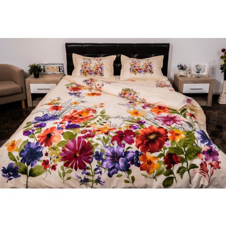 Lenjerie de pat dublu cu imprimeu 3D de flori de primăvară în culori intense pe fundal alb. Lenjerii de pat 1+1 gratis.
