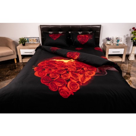 Lenjerie de pat 1+1 gratis cu inimă de trandafiri roșii, fundal negru, set 4 piese din bumbac satinat