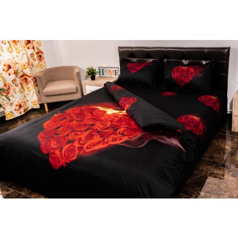 Lenjerie de pat 1+1 gratis cu inimă de trandafiri roșii, fundal negru, set 4 piese din bumbac satinat