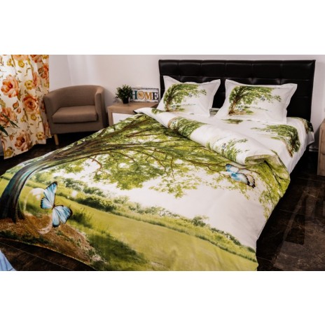 Lenjerie de pat dublu cu imprimeu 3D de peisaj natural, cu copac mare și fluturi pe fundal verde proaspăt. Lenjerii de pat 1+1 gratis.