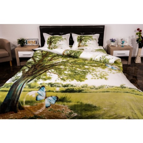Lenjerie de pat dublu cu imprimeu 3D de peisaj natural, cu copac mare și fluturi pe fundal verde proaspăt. Lenjerii de pat 1+1 gratis.
