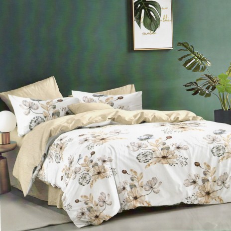 Lenjerie de pat dublu cu flori delicate în nuanțe de bej și crem, set 4 piese
