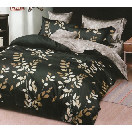 Lenjerie de pat cu frunze bej pe fundal negru, ofertă lenjerii de pat 1+1 gratis