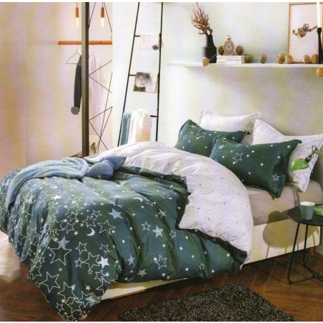 Lenjerie de pat dublu cu model stele si luna pe fundal verde inchis si alb, set 4 piese