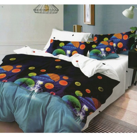 Lenjerie de pat neagră cu planete colorate în nuanțe de galben, verde și portocaliu, set de 4 piese, ofertă 1+1 gratis