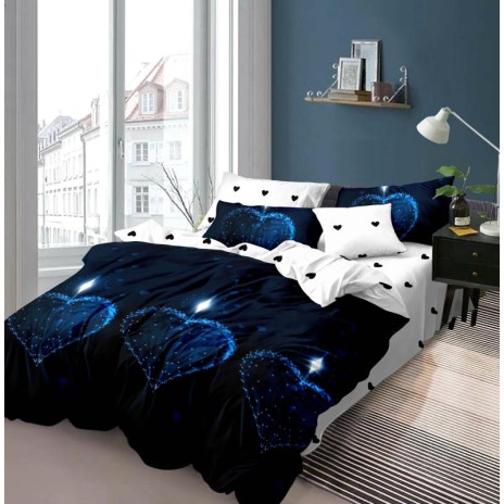Lenjerie de pat 1+1 gratis cu inimioare albastre, fundal alb-negru, set 4 piese din bumbac satinat