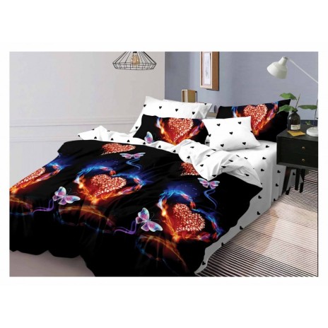 Lenjerie de pat 1+1 gratis cu fluturi și inimioare, fundal negru și alb, set 4 piese din bumbac satinat