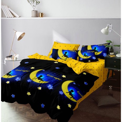Lenjerie de pat 1+1 gratis cu lună și zână, fundal negru și galben, set 4 piese din bumbac satinat
