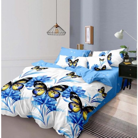 Lenjerie de pat 1+1 gratis cu fluturi galbeni și flori albastre, fundal alb și bleu, set 4 piese din bumbac satinat