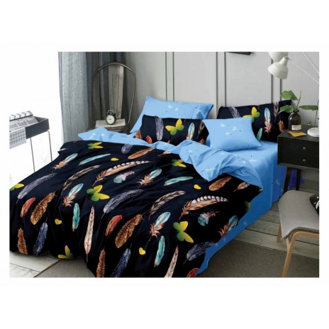 Lenjerie de pat 1+1 gratis cu pene colorate și fluturi galbeni, fundal negru și bleu, set 4 piese din bumbac satinat