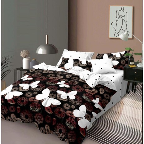 Lenjerie de pat 1+1 gratis cu fluturi albi și motive roșii, fundal negru și alb, set 4 piese din bumbac satinat