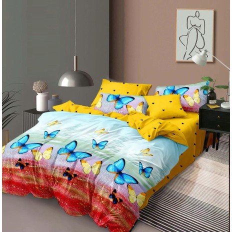 Lenjerie de pat 1+1 gratis cu fluturi albaștri și galbeni, fundal degrade roșu-verde-bleu, set 4 piese din bumbac satinat