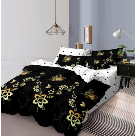 Lenjerie de pat 1+1 gratis cu flori și fluturi aurii, fundal negru și alb, set 4 piese din bumbac satinat