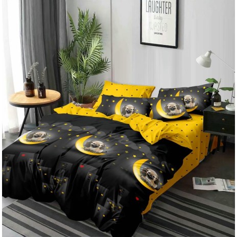 Lenjerie de pat 1+1 gratis cu ursuleți și semilună galbenă, fundal negru și galben, set 4 piese din bumbac satinat
