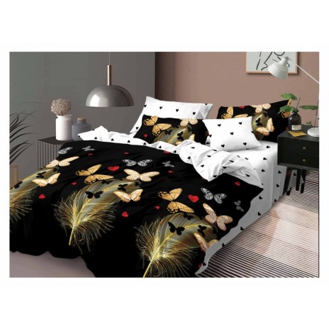 Lenjerie de pat dublu cu model fluturi aurii si inimioare rosii pe fundal negru, cu detalii de pene aurii, set 4 piese