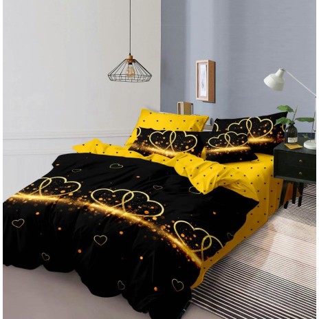 Lenjerie de pat 1+1 gratis cu inimioare aurii, fundal negru și galben, set 4 piese din bumbac satinat