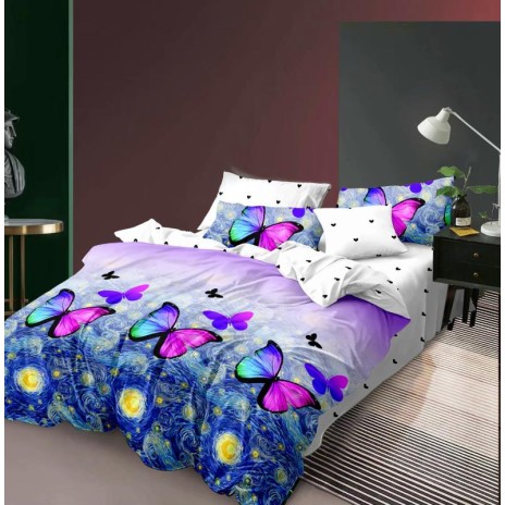 Lenjerie de pat 1+1 gratis cu fluturi mov și cer înstelat, fundal alb și mov, set 4 piese din bumbac satinat