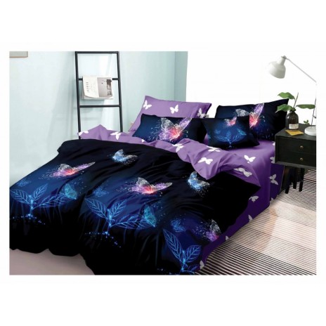 Lenjerie de pat 1+1 gratis cu fluturi mov și albastri, fundal negru și mov, set 4 piese din bumbac satinat