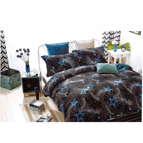 Lenjerie de pat 1+1 gratis cu stele albastre și galaxii, fundal negru, set 4 piese din bumbac satinat