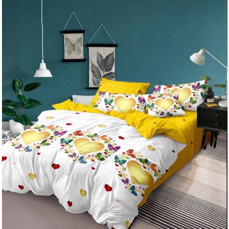 Lenjerie de pat 1+1 gratis cu inimioare aurii și fluturi colorați, fundal alb și galben, set 4 piese din bumbac satinat