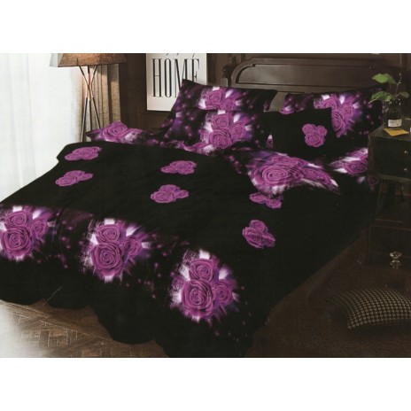 Lenjerie de pat 1+1 gratis cu trandafiri mov, fundal negru, set 4 piese din bumbac satinat