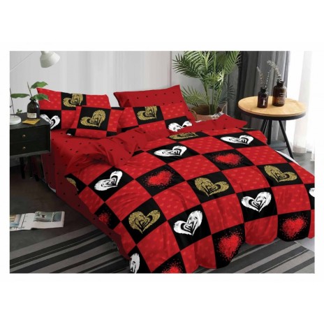 lenjerii de pat 1+1 gratis, model inimi aurii și albe, fundal roșu-negru, set 4 piese, design modern