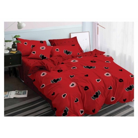 Lenjerii de pat 1+1 gratis cu model de inimioare negre și albe pe fundal roșu, set de 4 piese