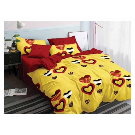 Lenjerii de pat 1+1 gratis cu model de inimioare roșii și negre pe fundal galben, set de 4 piese