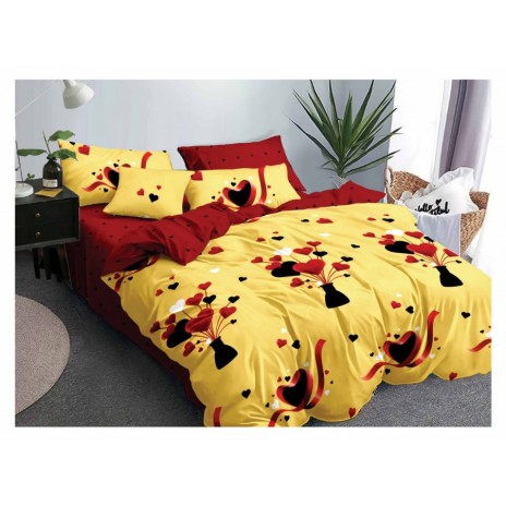 Lenjerii de pat 1+1 gratis cu model inimioare roșii pe fundal galben, set 4 piese