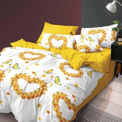 Lenjerie de pat 1+1 gratis cu flori galbene și fluturi pe fundal alb și galben, set de 4 piese din bumbac satinat