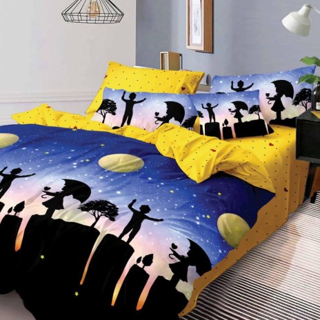 Lenjerie de pat 1+1 gratis cu siluete negre și peisaj nocturn, fundal albastru și galben, set 4 piese din bumbac satinat