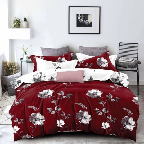 Lenjerie de pat dublu cu imprimeu floral alb-negru pe fundal roșu, lenjerii de pat 1+1 gratis.