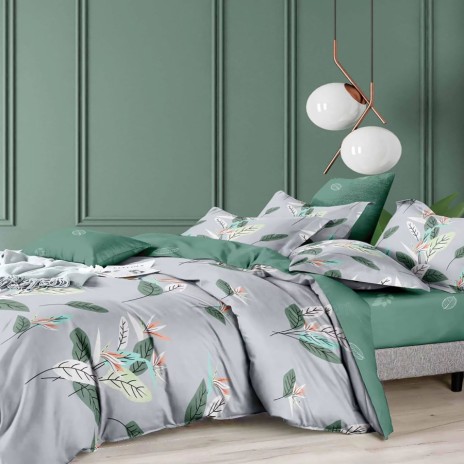 Lenjerie de pat dublu cu design floral verde-gri, lenjerii de pat 1+1 gratis.