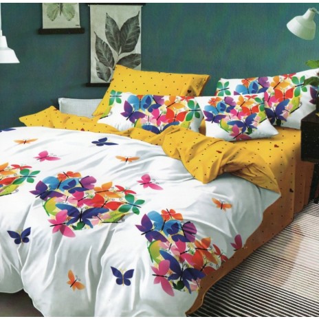 Lenjerie de pat 1+1 gratis cu fluturi colorați, fundal alb și galben, set 4 piese din bumbac satinat