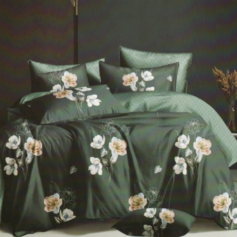 Lenjerie de pat verde cu flori delicate, oferta lenjerii de pat 1+1 gratis.