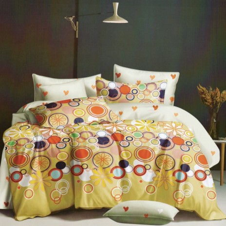 Lenjerie de pat cu cercuri multicolore pe fundal galben și alb, oferta lenjerii de pat 1+1 gratis.